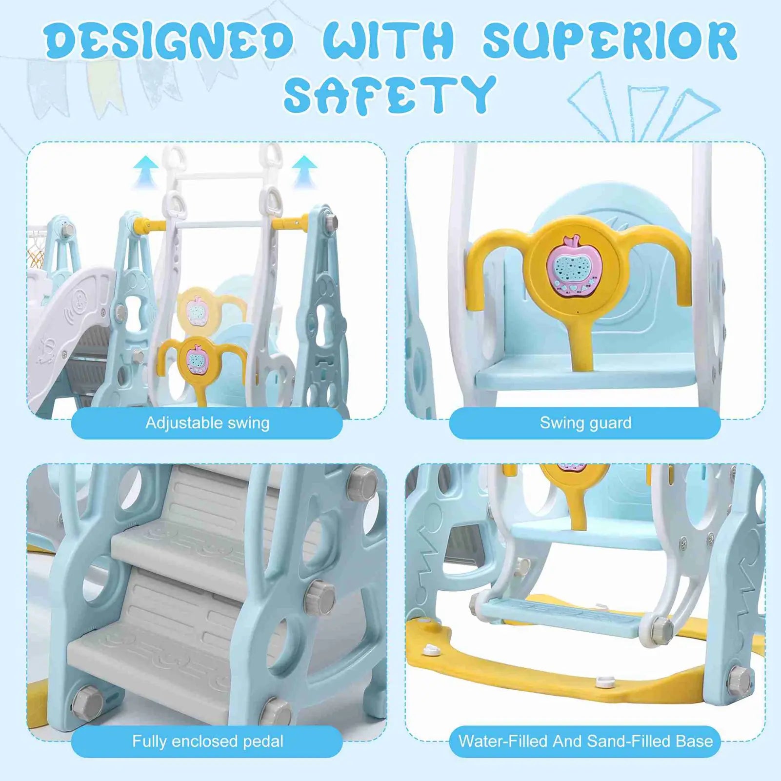 4‑in‑1 Toddler Playground Set – Swing, Slide, Climber & Basketball Hoop Indoor/Outdoor Playset (Blue)