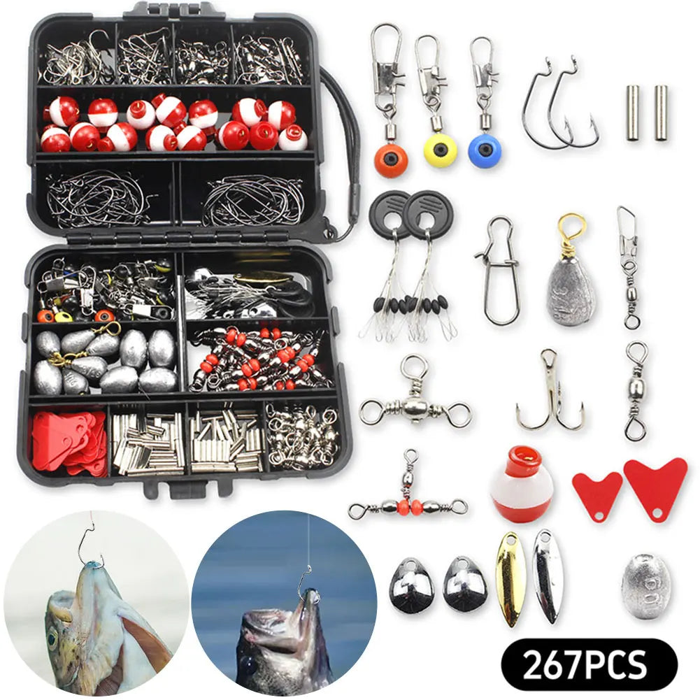 “267PCS Fishing Accessories Kit – Complete Set with Hooks, Baits, Sinkers & Storage Box for Outdoor Fishing”