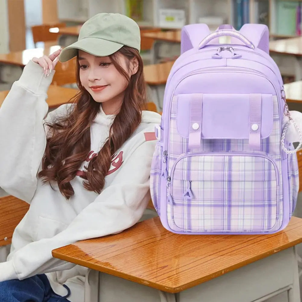 Oxford Fabric Sweet-Color Student Backpack with Plush Doll Pendant – Multi-Compartment School Bag 🏫 🎀