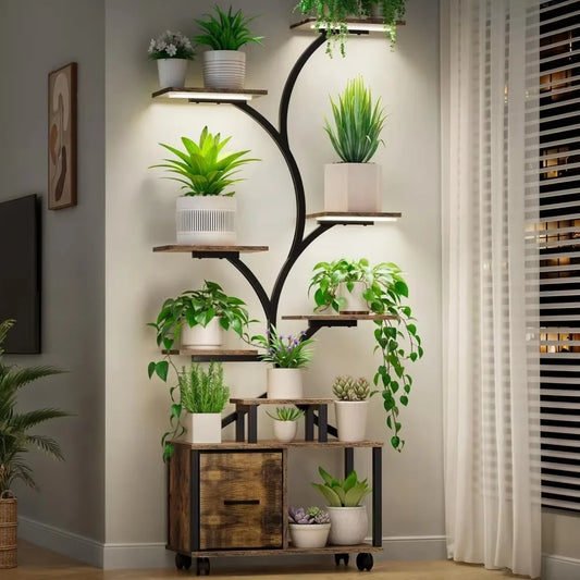 “65-Inch Indoor Plant Stand with Grow Lights – Tiered Metal Shelf with Wheels & Drawer for Home Plant Storage & Decor”