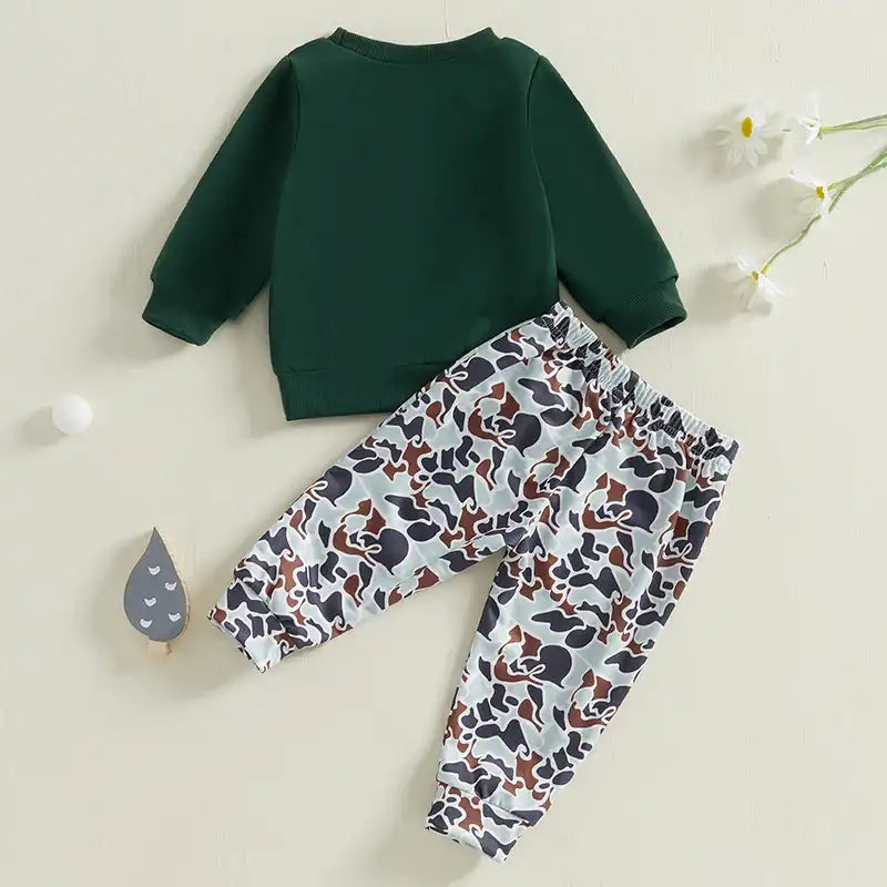 Spring Duck Embroidery Pullover & Camouflage Pants 2-Piece Outfit Set for Baby Boys