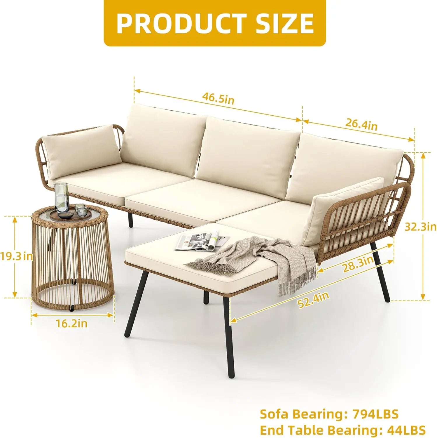 “3-Piece Patio Furniture Set – Wicker L-Shaped Sectional Conversation Sofa with Cushions for Backyard, Porch & Garden”