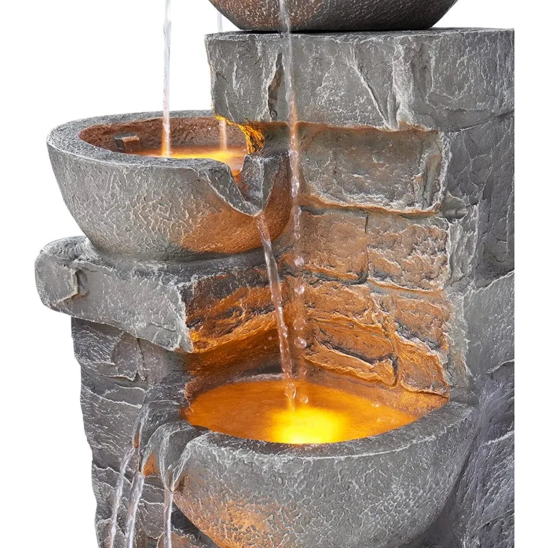 33.25″ Cascading Bowls & Stacked Stones LED Outdoor Water Fountain
