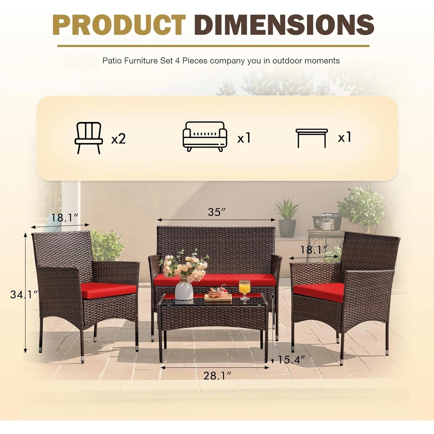 4-Piece Red Rattan Wicker Patio Chair Set – Outdoor & Indoor Furniture for Garden, Poolside, Balcony, and Porch