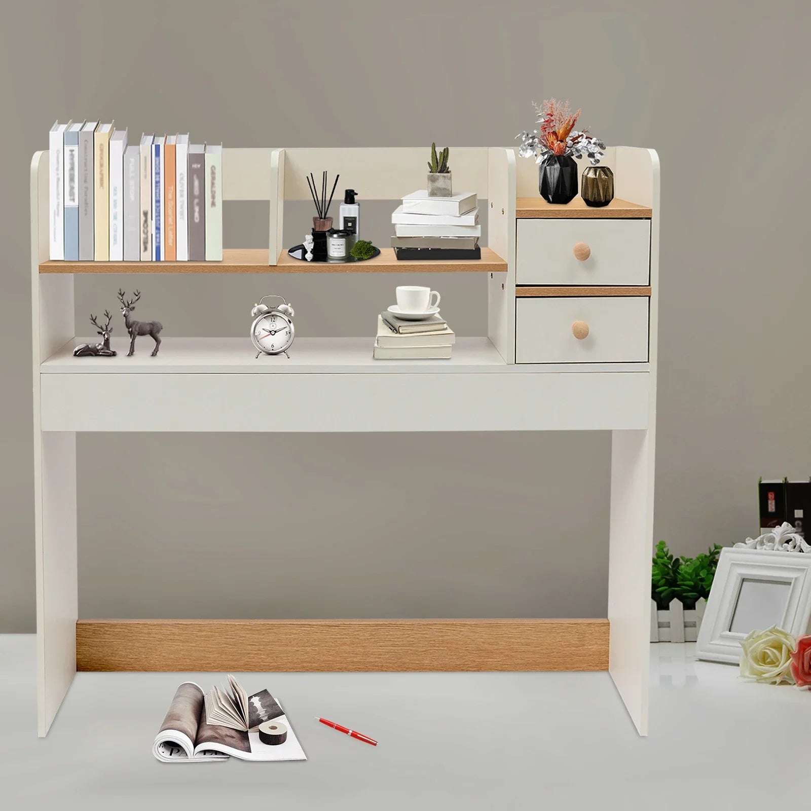 36-Inch Modern 2-Tier Desktop Bookshelf with 2 Drawers – Sleek Desk Organizer
