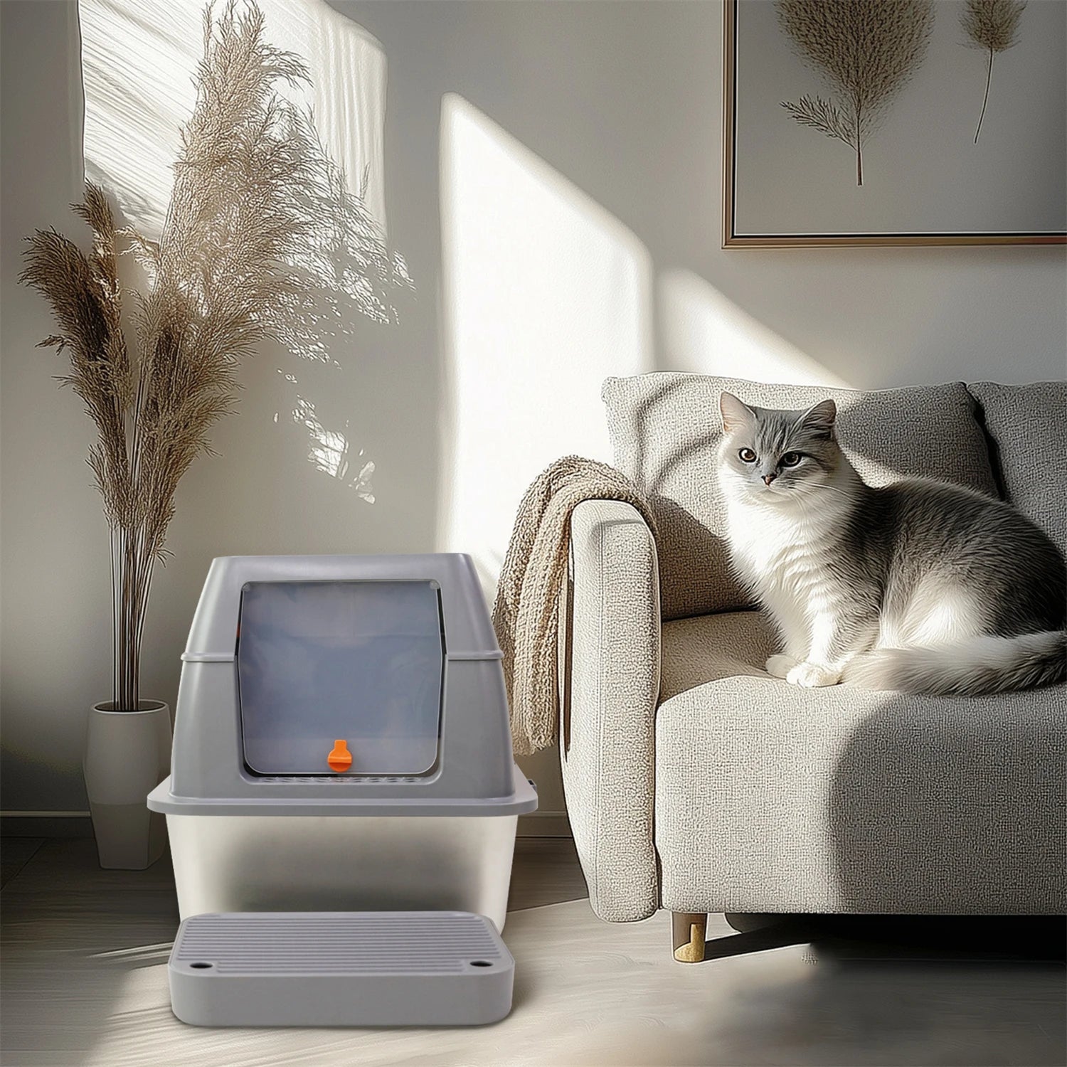 Enclosed Stainless Steel Cat Litter Box with Lid, Extra-Large Metal Tray & High Walls for Big Cats