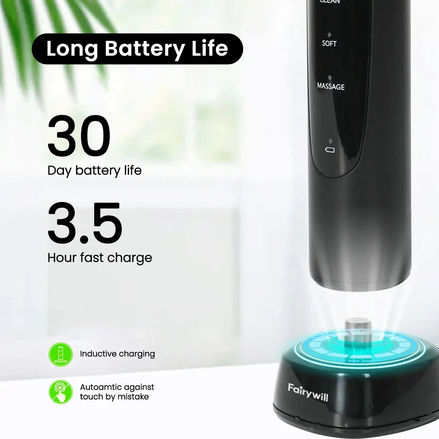 Fairywill Electric Toothbrush T2233 – Rechargeable Sonic Toothbrush with Powerful Rotation Cleaning & 4 Replacement Heads