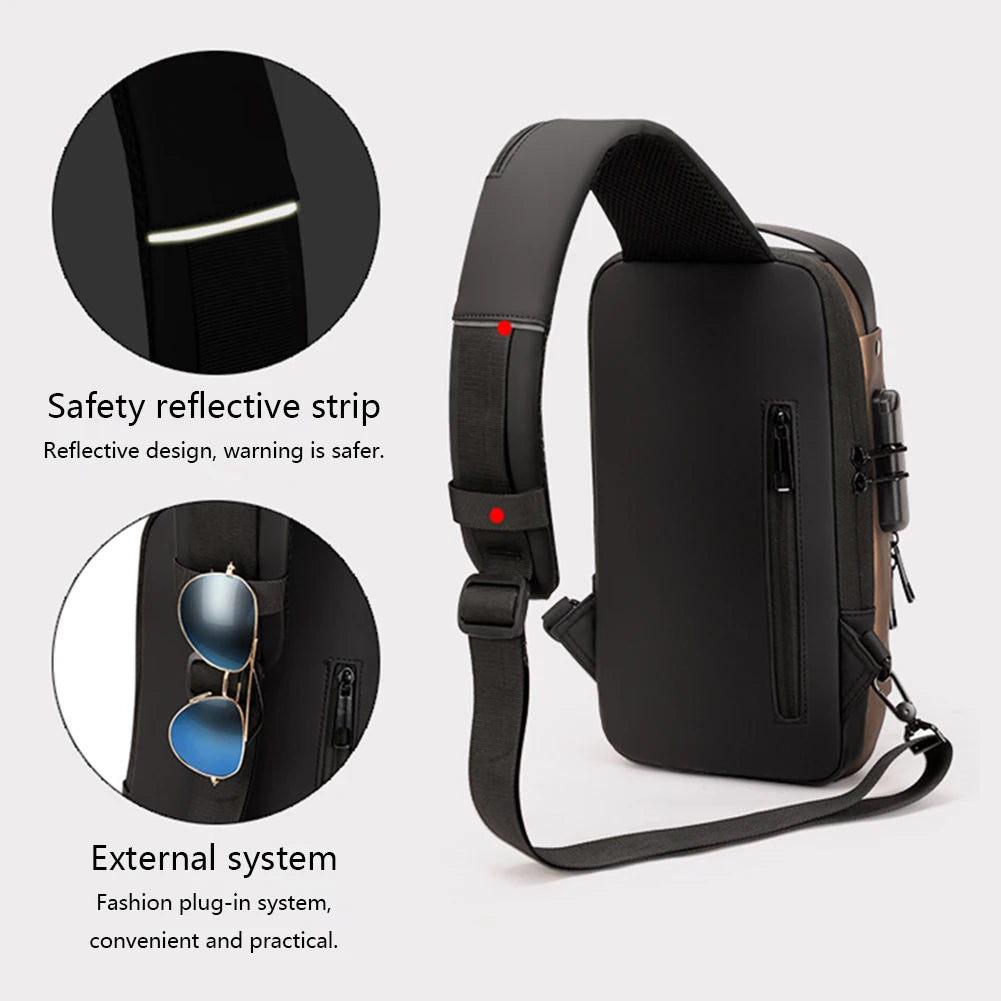 Men's PU Leather Chest Bag – Waterproof Anti-Theft Crossbody Sling with USB Charging Port for Travel & Sports