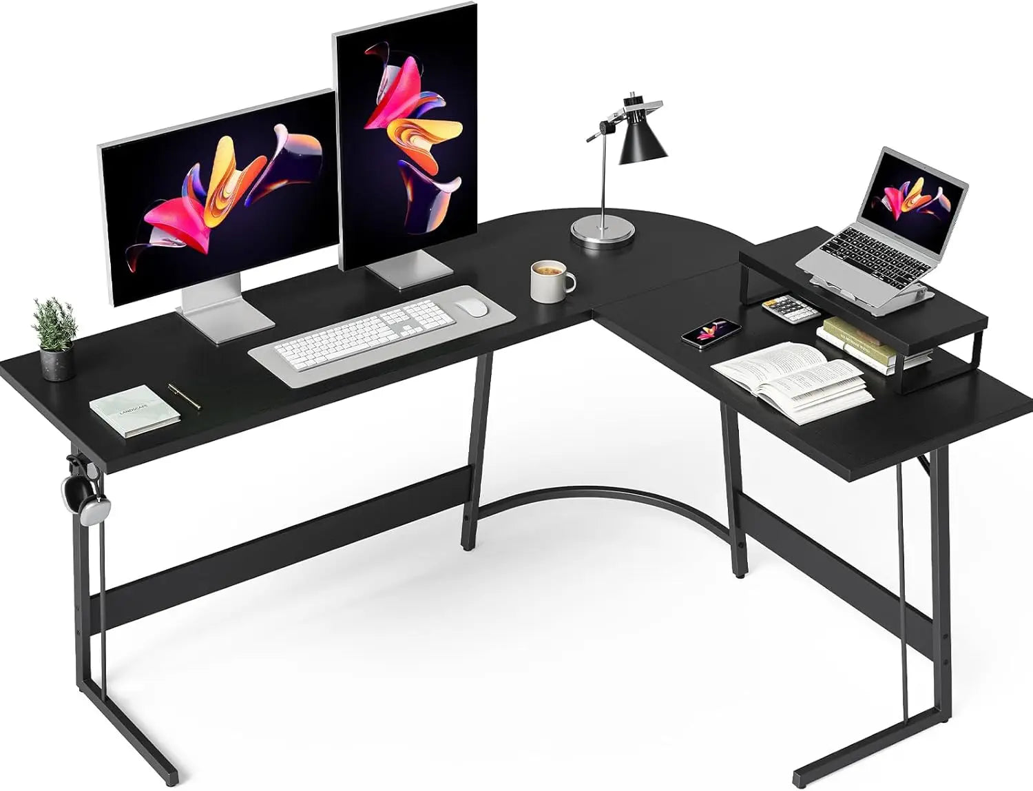 47-Inch L-Shaped Gaming Desk – Carbon Fiber Surface Corner Computer Desk with Large Monitor Stand for Home & Office Setup