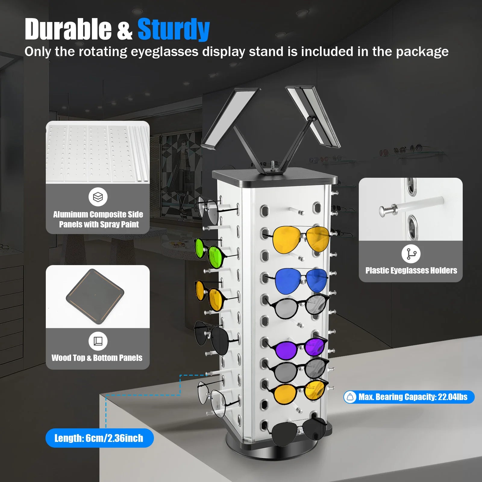 Rotating Sunglass Stand – 44-Pair Glasses Display Rack with Mirror for Commercial & Home Eyewear Organization