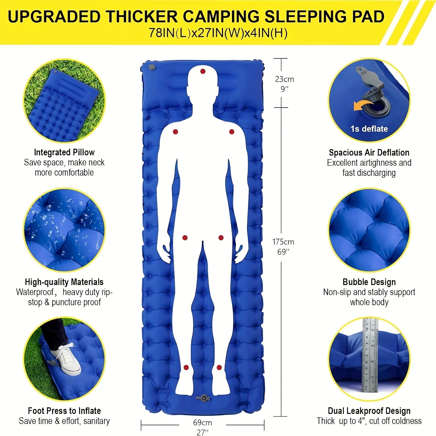 Outdoor Inflatable Sleeping Mat – 4" Thick Camping Air Mattress with Built-In Pillow & Pump for Hiking 🏕️💤