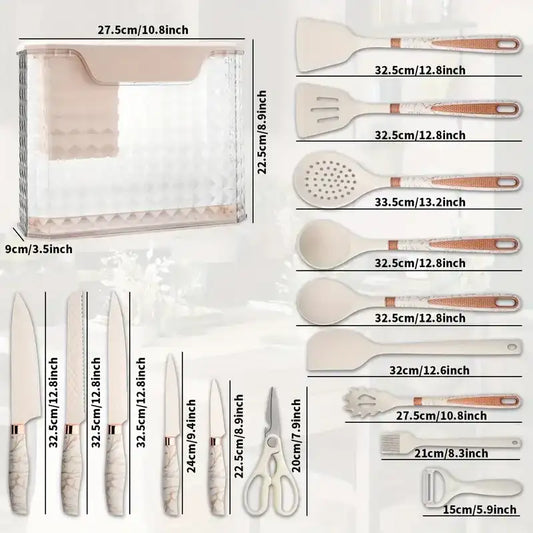 16-Piece Stainless Steel Kitchen Knife & Silicone Kitchenware Set – Bread Knife, Scissors, Peeler & Tool Res