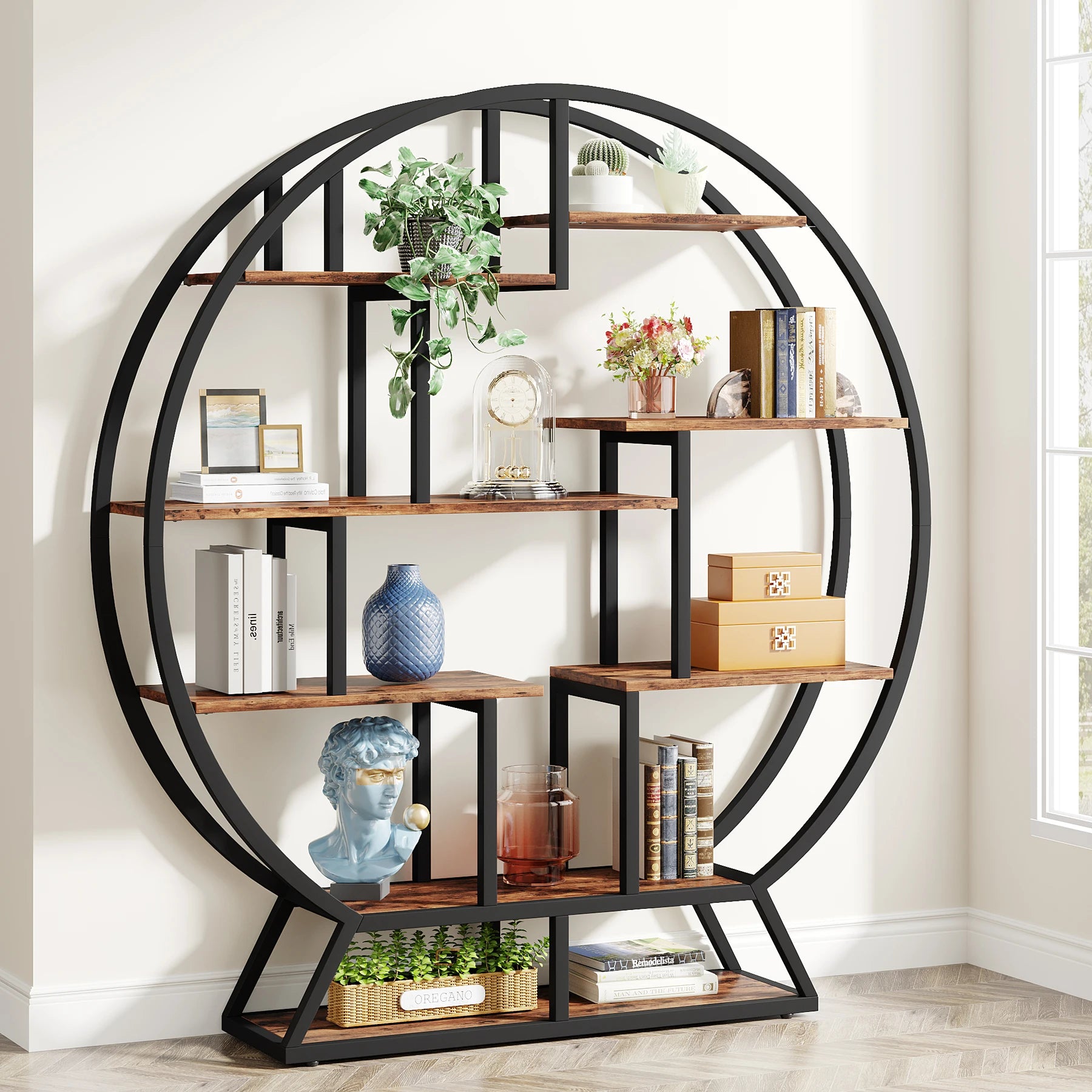63" Industrial Round Bookshelf – Tribesigns Wood & Metal Bookcase with Staggered Display Shelves