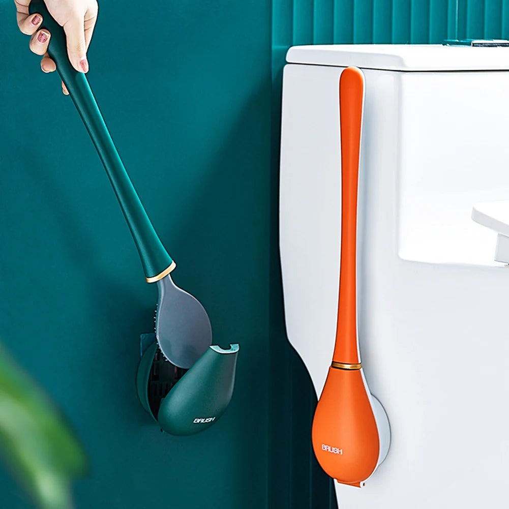 Self-Adhesive Silicone Toilet Brush & Holder Set – Flexible Long-Handle Dry-Quick Design