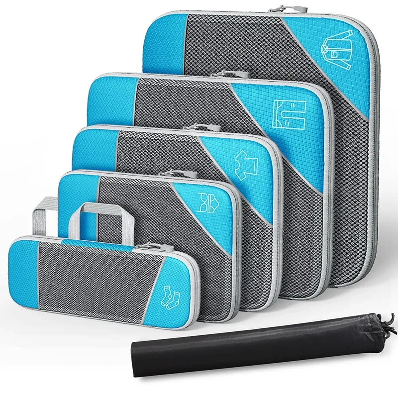 3-6 pcs Compressed Packing Cubes Travel Storage Organizer Set with Shoe Bag & Mesh Visual Luggage Set