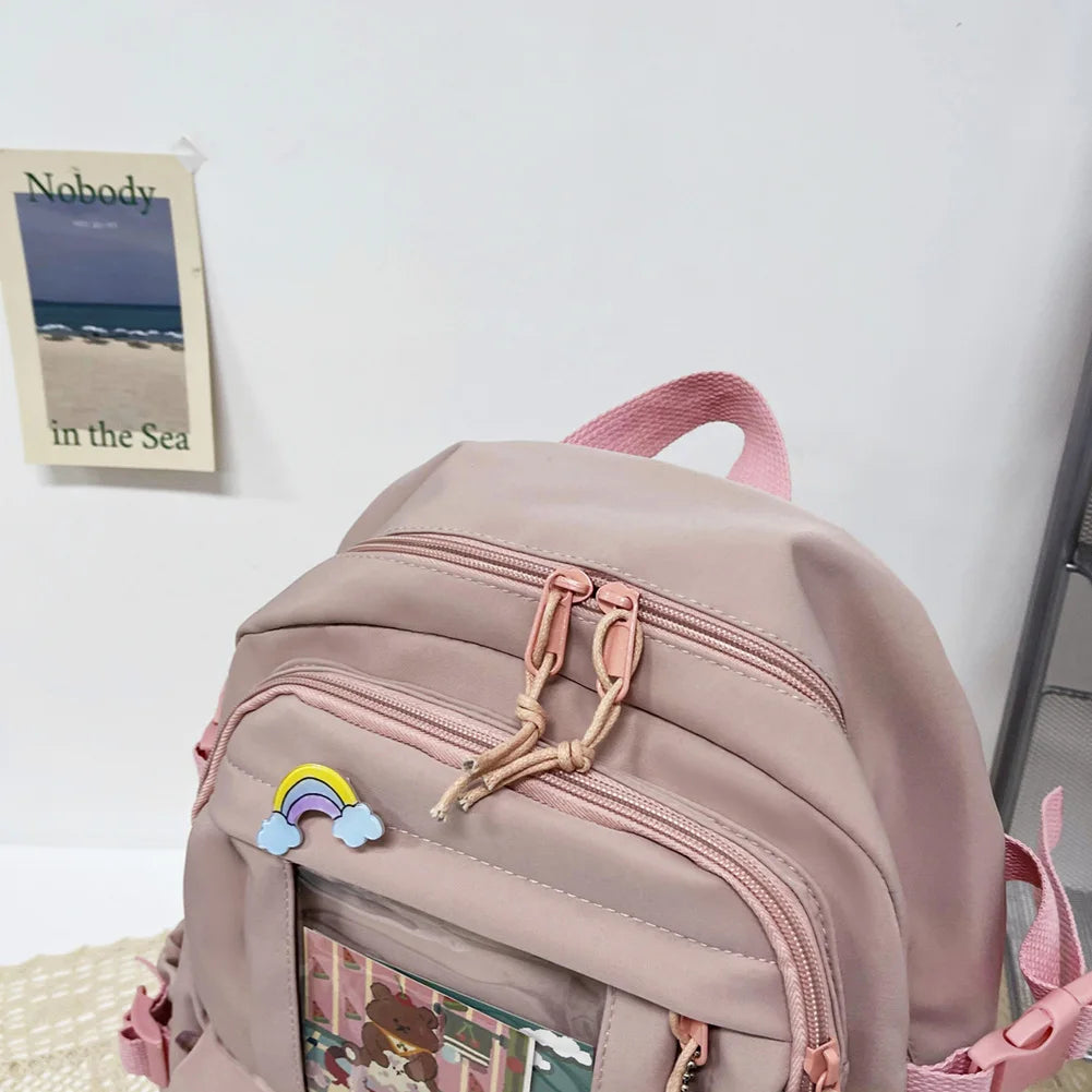 Cute Women’s Large-Capacity Backpack – Preppy Multi-Pocket Nylon Schoolbag | Student Travel Daypack