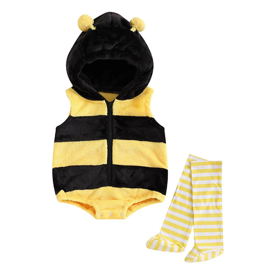 Lioraitiin Baby Bee Costume – Infant Sleeveless Hooded Romper with Long Socks Set, Newborn Halloween Outfit 0–24M