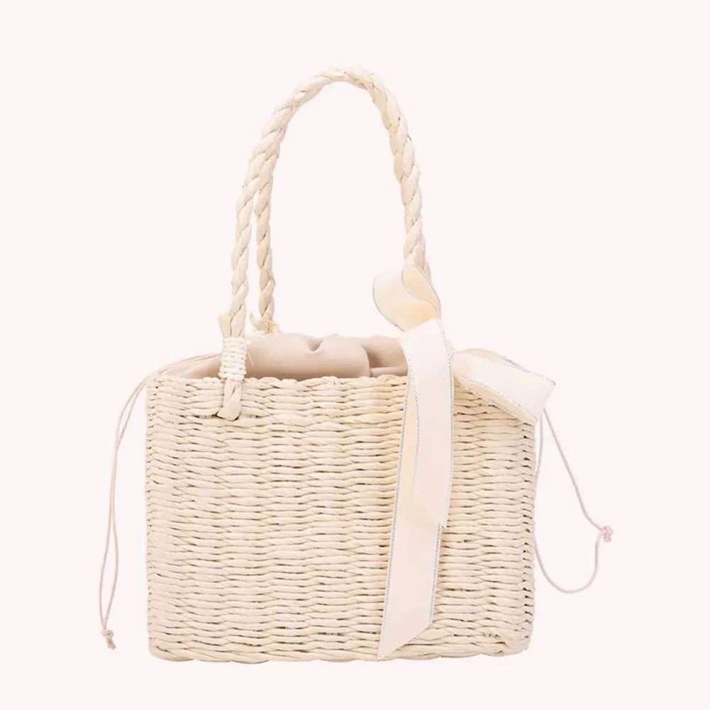 Women’s Handmade Straw Square Basket Tote – Vintage Summer Beach Woven Bag