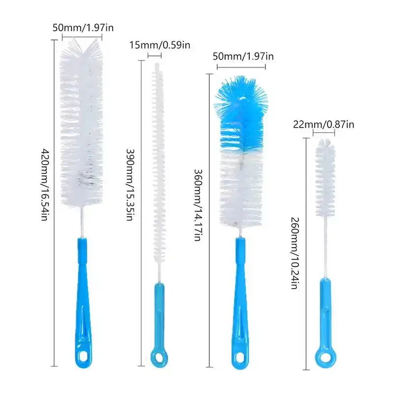 Multi-Purpose Bottle Cleaning Brush Set – Long Handle & Soft Flexible Bristles, 4-Piece
