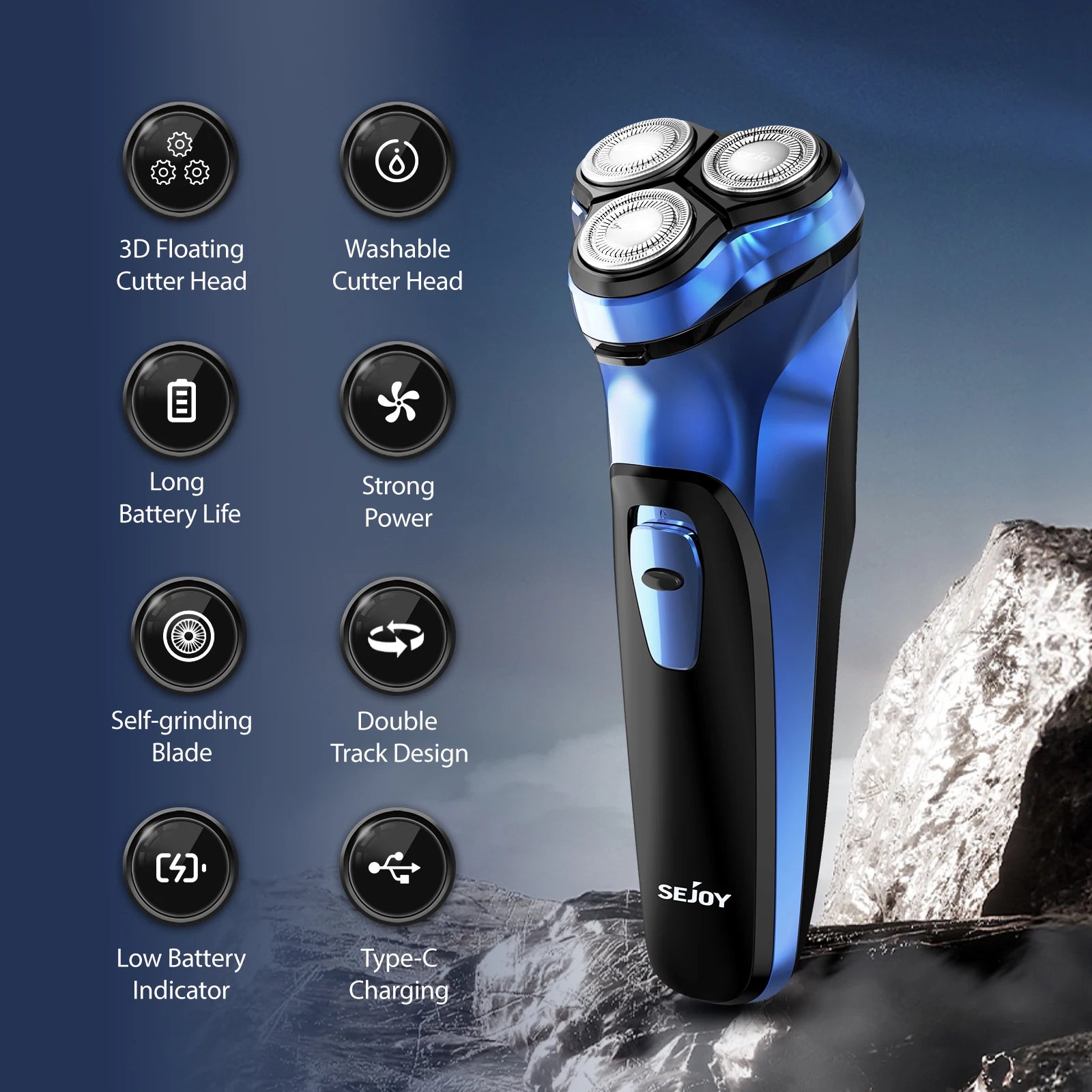 Sejoy Electric Razor – USB‑C Rechargeable Rotary Shaver with 3D Floating Heads & Pop‑Up Trimmer for Travel 🧳🪒