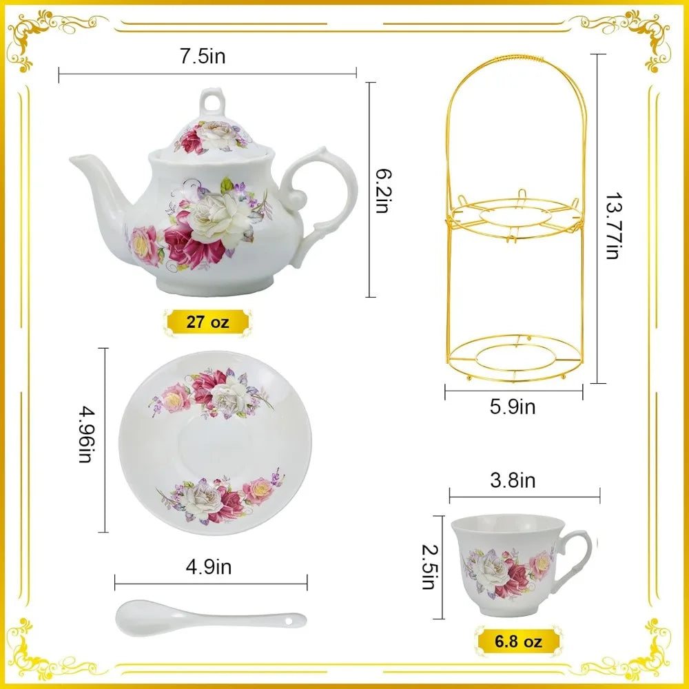 20-Piece Luxury Bone China Tea & Coffee Set with Gold Metal Rack – Elegant Gift & Home Party Ensemble