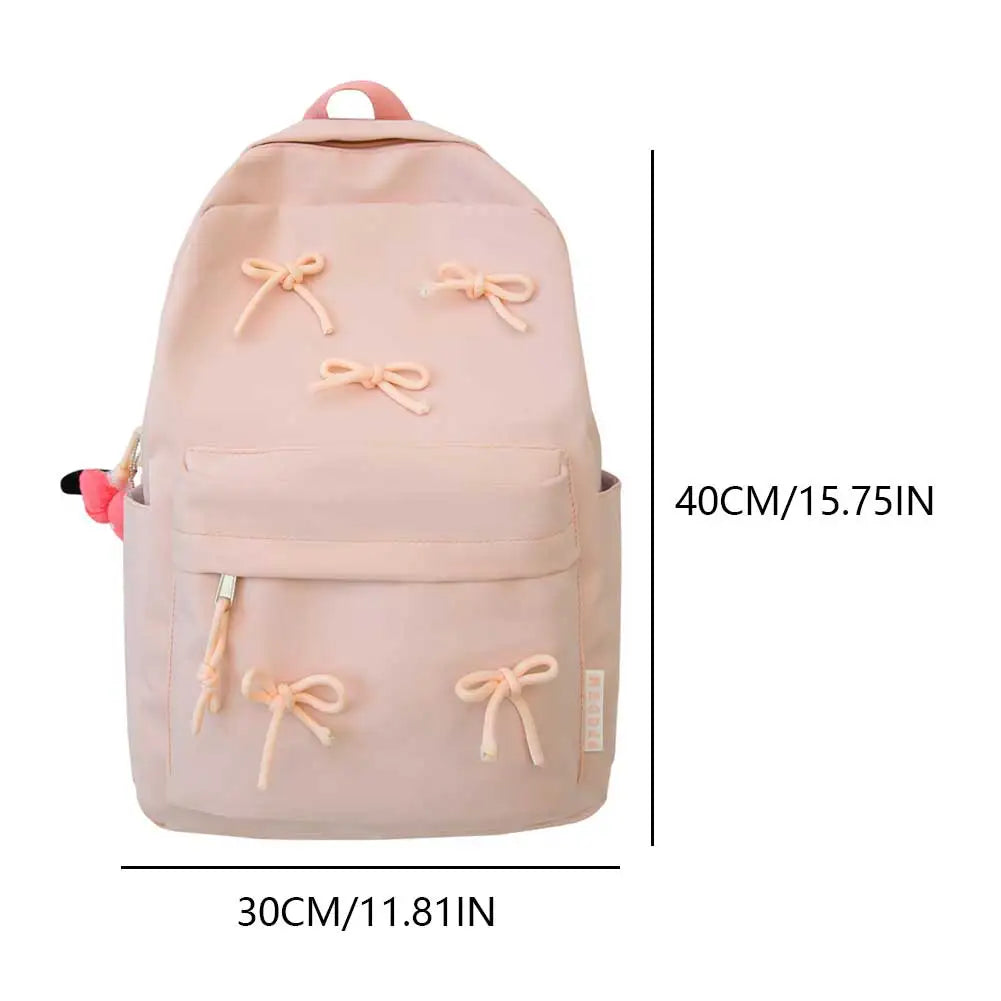Fashion Bow Laptop Backpack – Large-Capacity Student Rucksack | Stylish Solid-Color Multi-Pocket Travel Daypack