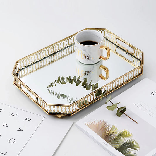 Decorative Metal & Glass Tray – Vintage Mirrored Storage Tray for Jewelry, Perfume & Home Décor