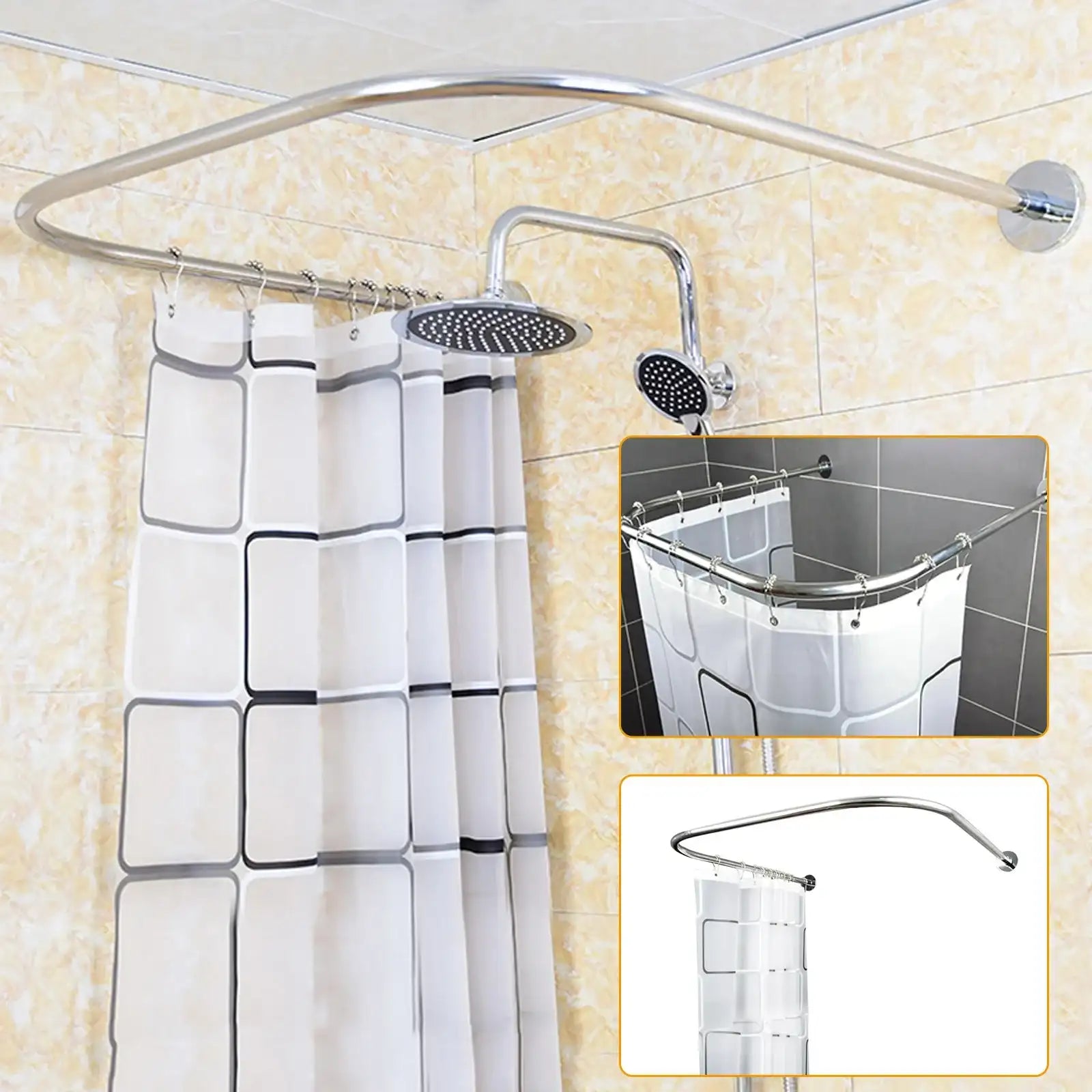 Adjustable U-Shape Curved Shower Curtain Rod Bar – Stainless Steel Corner Bath Tub Rail