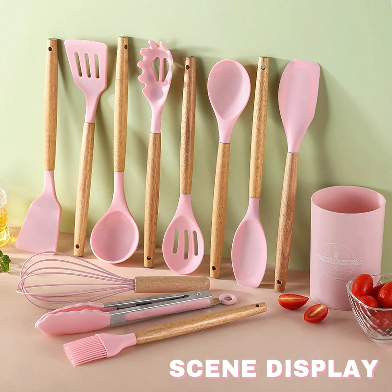 12-Piece Silicone Cooking Utensils Set with Wooden Handles – Non-Stick Spatulas, Spoons & Ladles