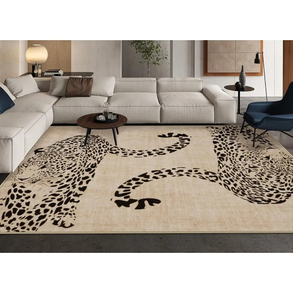 Leopard Print Area Rug 8x10 – Washable Ultra-Thin Non-Slip Modern Rug for Living Room & Bedroom
