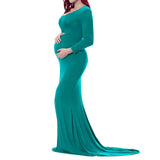 Women’s Cotton Maternity Photography Dress – Long Sleeve Crewneck Pregnancy Gown with Trailing Hem, Elegant Outfit