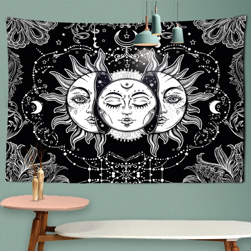 Mandala Tapestry Sun & Moon – Black & White Wall Hanging Hippie Décor for Dorm, Yoga, Living Room