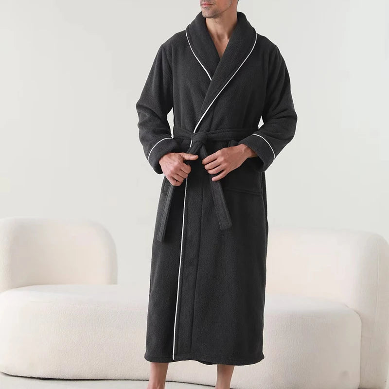 Luxurious Men’s Plush Shawl Collar Bathrobe – Soft Long-Sleeve Belted Spa Robe for Warmth & Style