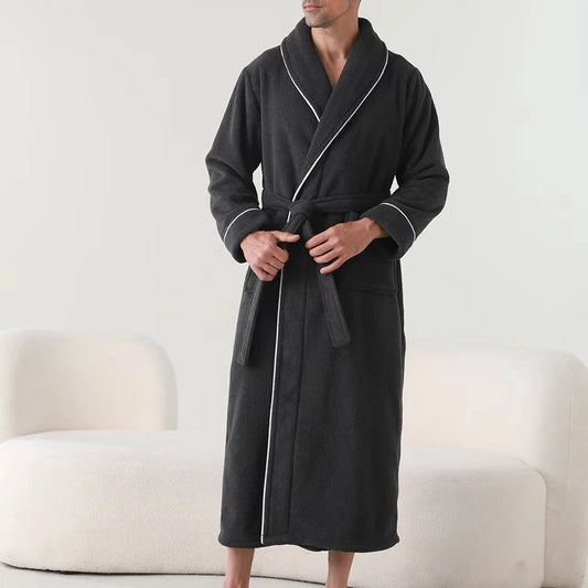 Luxurious Men’s Plush Shawl Collar Bathrobe – Soft Long-Sleeve Belted Spa Robe for Warmth & Style