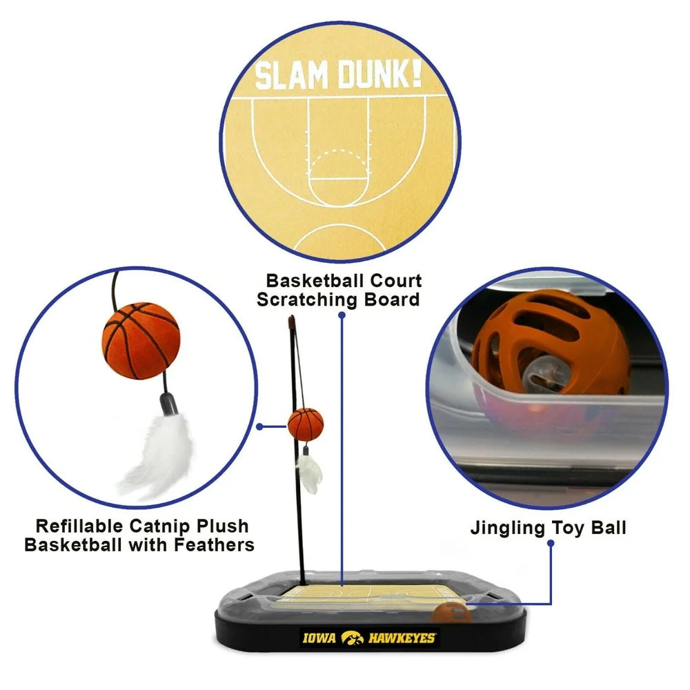 NCAA Licensed Iowa Hawkeyes Cat Scratcher Mat – Interactive Toy with Refillable Catnip Basketball & Feather Bell