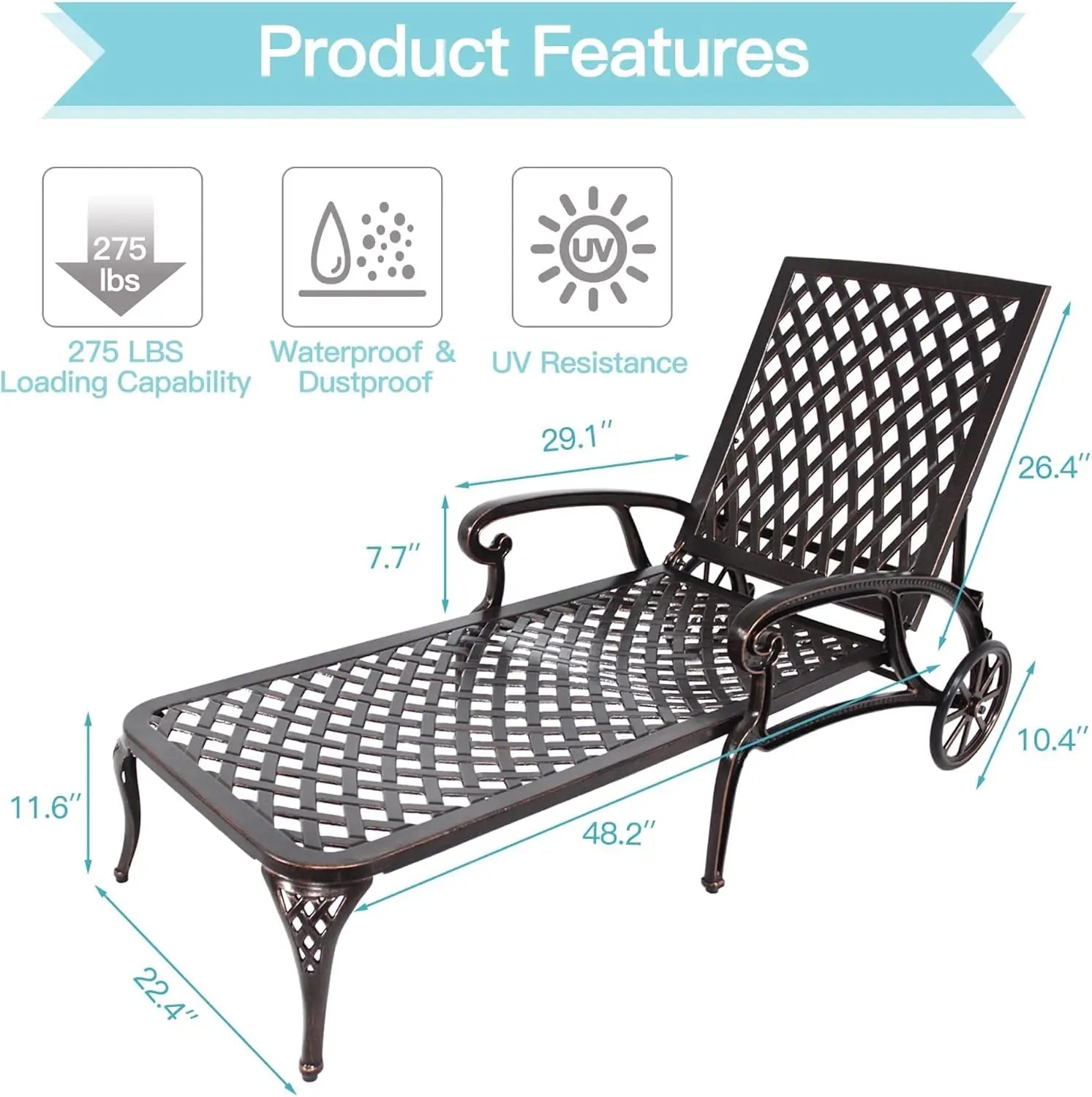 Outdoor Chaise Lounge Chair Set of 2 – Cast Aluminum Poolside Loungers with Adjustable Backrest & Moveable Design | All-Weather Tanning Chairs