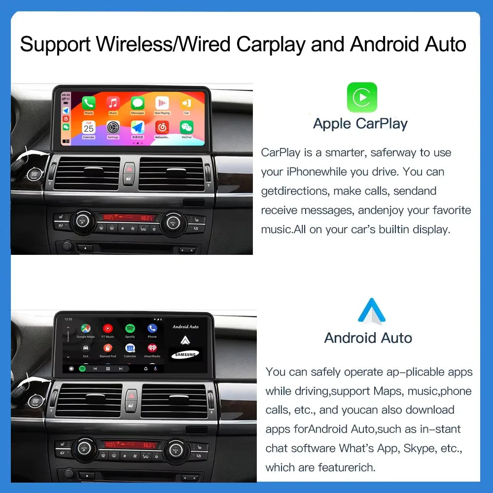 Autotop wireless CarPlay & Android Auto multimedia unit – BMW X5/X6 E70 E71 2007–2013 CCC/CIC system head unit with BT & display