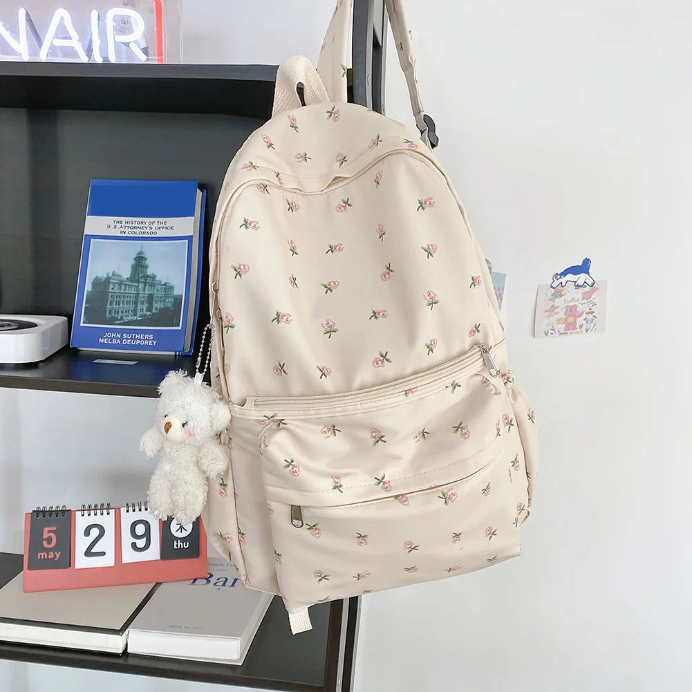 Fashion Floral Backpack with Pendant – Large Capacity College & School Bookbag for Students