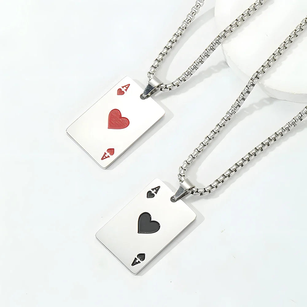 Hip Hop Poker Card Necklace for Men – Stainless Steel Ace of Spades Pendant Chain, Street Style Playing Card Jewelry