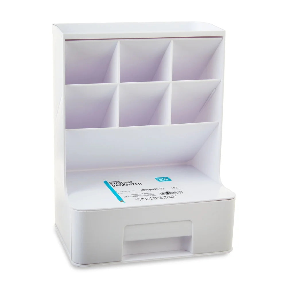 White Tall Plastic Desktop Organizer with Drawer – Space-Saving Storage for Office & School