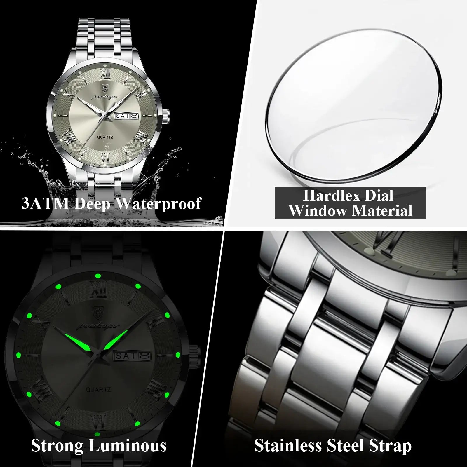 Poedagar Men’s Business Watch – Stainless Steel Waterproof Quartz Wristwatch with Luminous Dial & Date/Week Display