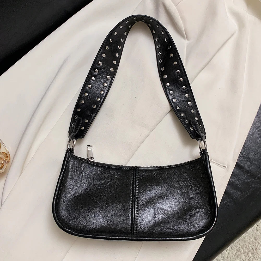 Studded Decor Under-Arm Satchel Bag – Adjustable Strap PU Leather Daily Shoulder Bag for Women