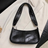 Studded Decor Under-Arm Satchel Bag – Adjustable Strap PU Leather Daily Shoulder Bag for Women