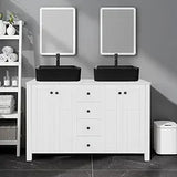 48" White Bathroom Vanity – Marble-Texture Top, 4 Drawers & Double Glass Vessel Sinks (Modern Standing Cabinet)