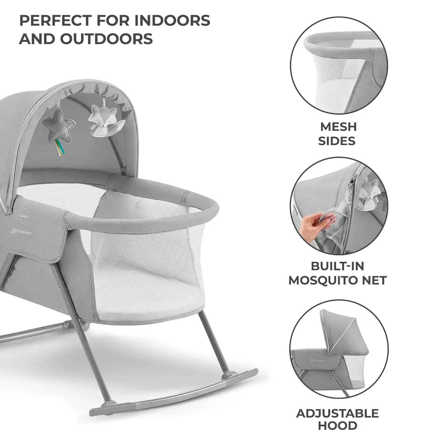 Kinderkraft LOVI Travel Bassinet – Portable Folding Baby Bed with Adjustable Hood & Built-in Mosquito Net