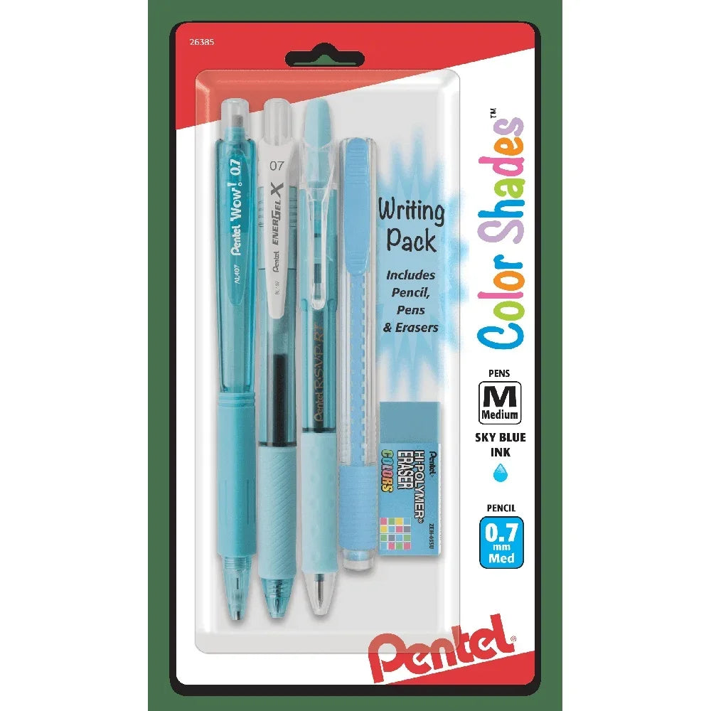 Sky Blue Writing Set – 5-Piece Gel Pen, Ballpoint, Mechanical Pencil & Eraser Pack for School & Office ✍️