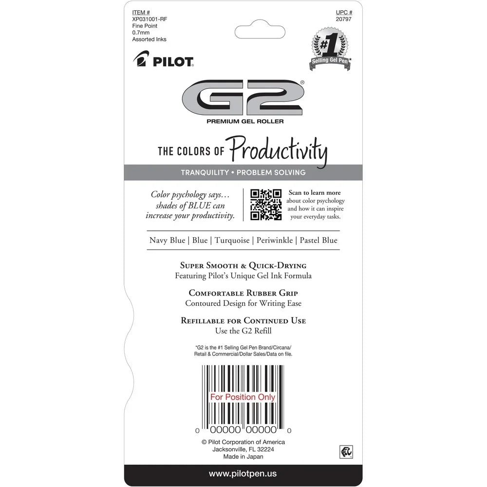 G2 Premium Gel Pens – Assorted Blue Ink, Fine Point 0.7mm, Smooth Writing with Ergonomic Grip – 5 Pack