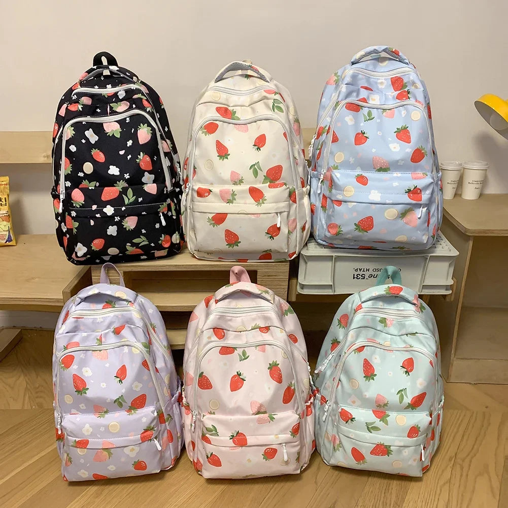 Women’s Strawberry Pattern Backpack – Large-Capacity Student School Bag | Cute Daily Daypack with Adjustable Straps