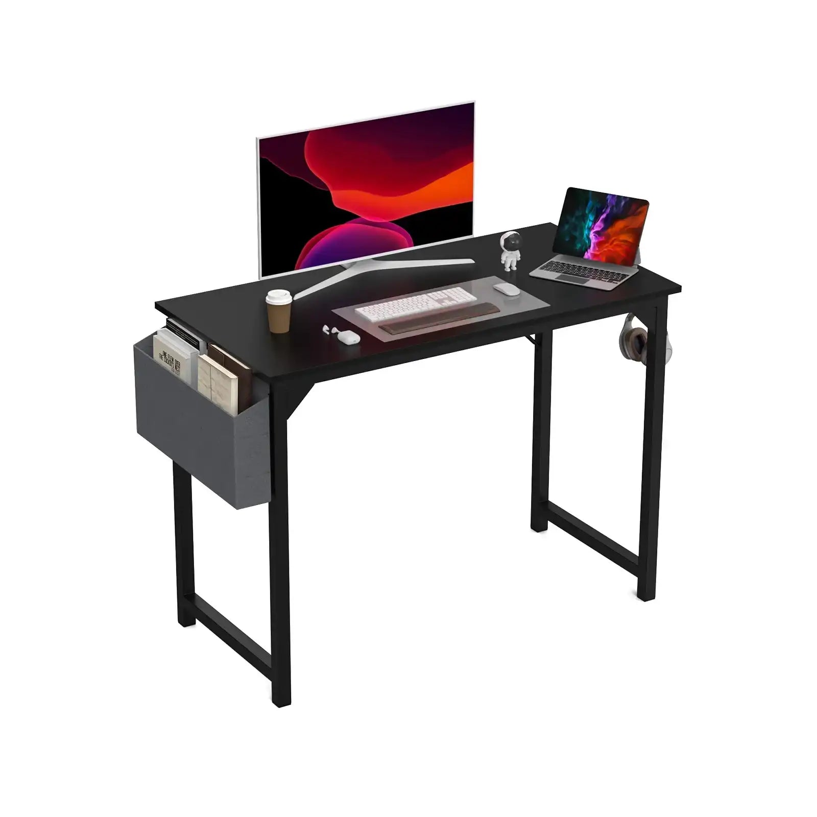 1- Product Title: Sleek Compact Computer Desk with Side Storage Bag & Headphone Hook