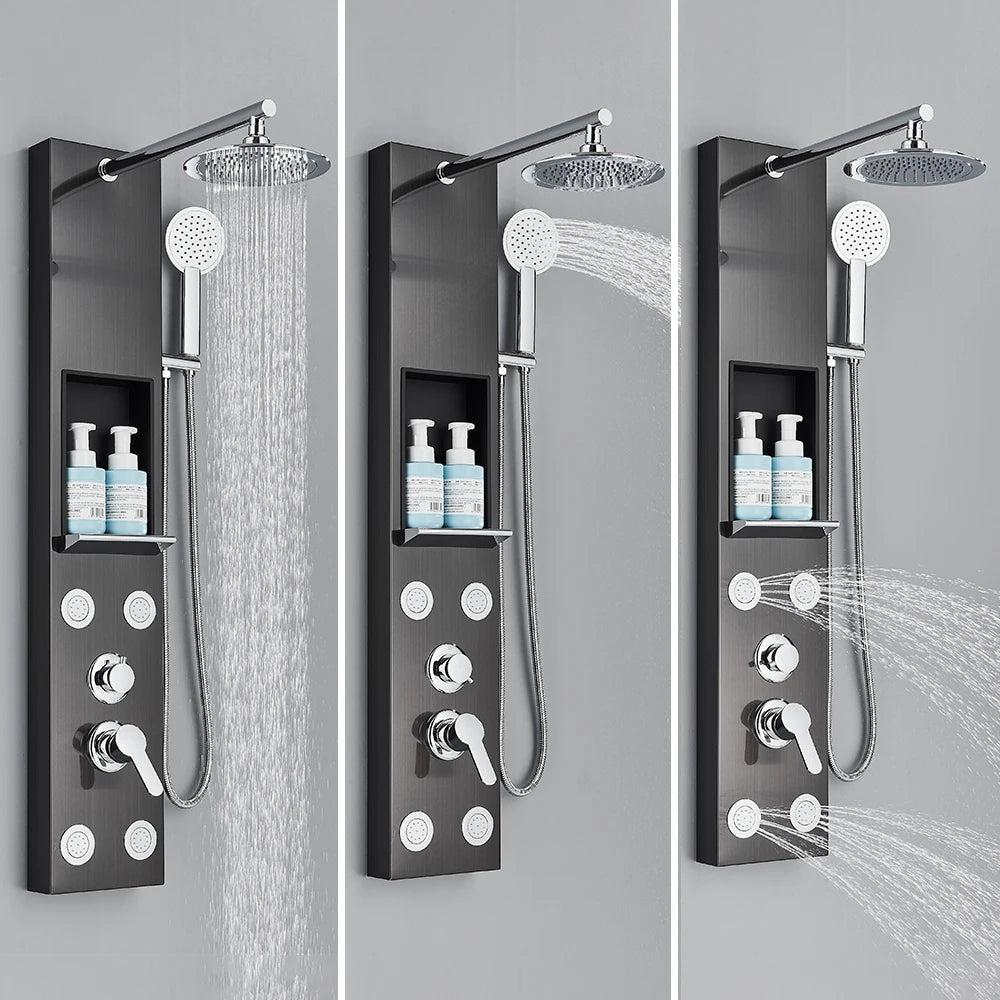 Brushed Nickel Shower Panel Column with Rainwaterfall Head & Massage Jets – Thermostatic Mixer Tap